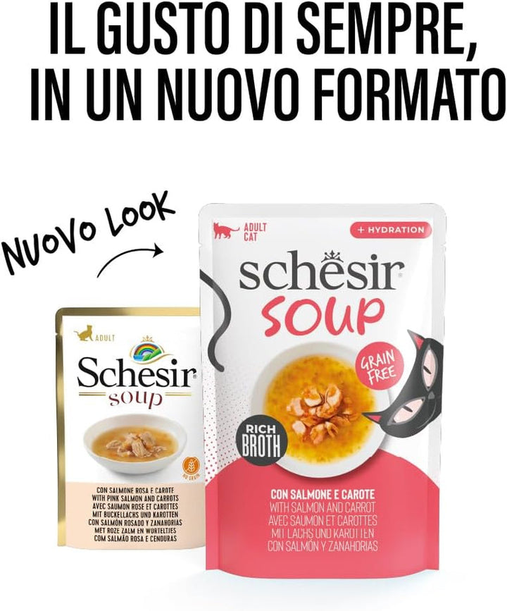, Supă cu fileuri de somon și morcov, hrană umedă complementară pentru pisici, rețeta originală, 100% naturală, 12 pungi a 40 g