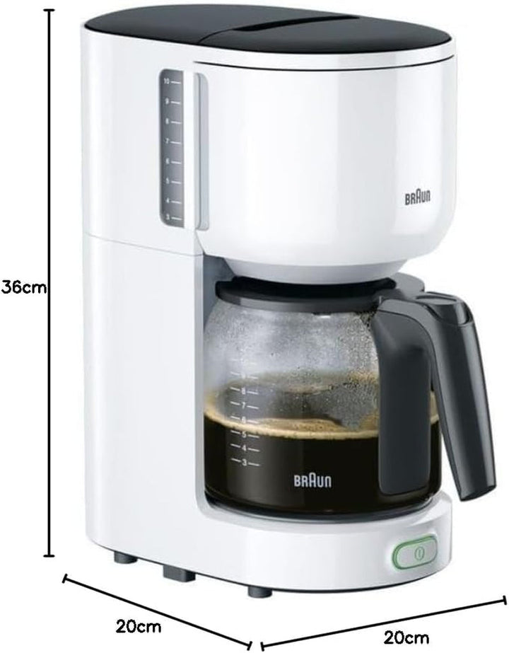 Espressor Braun Purease KF 3100 WH – Espressor cu filtru și carafă de sticlă pentru 10 cești de cafea, Espressor pentru o aromă unică, 1000 wați, Alb