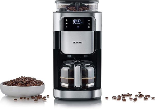 Espressor SEVERIN cu râșniță, espressor cu carafă de sticlă și funcție de cronometru, disponibil și ca espressor la filtru, pentru până la 10 cești de cafea, 1000 wați, negru/oțel inoxidabil, KA 4813