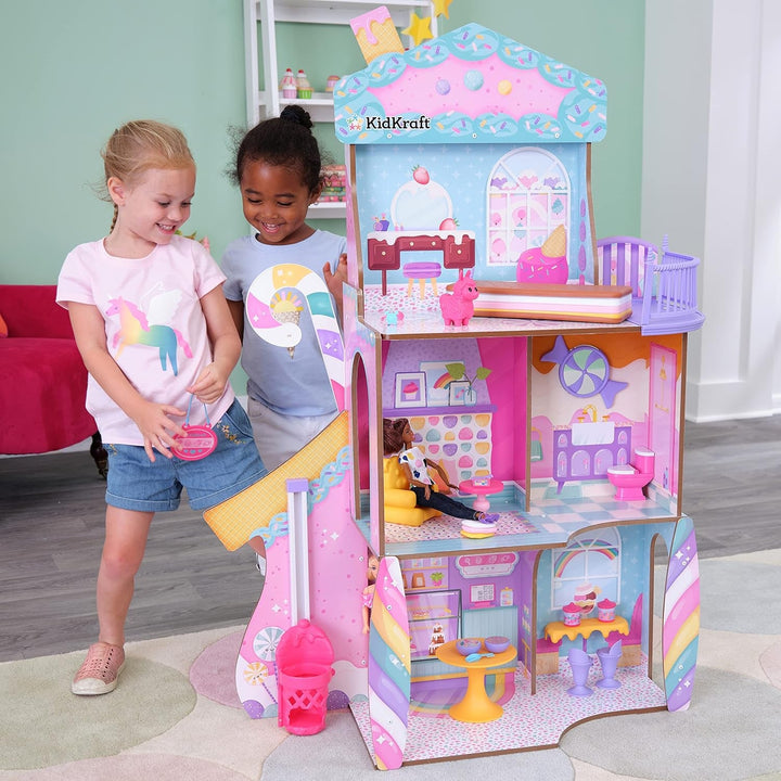 Casă de păpuși din lemn Kidkraft Candy Castle cu mobilier și accesorii, casă cu figurină Llama Unicorn, lift pentru tort de înghețată și scaun de cauciuc pentru păpuși, jucărie pentru copii de la 3 ani, 20242