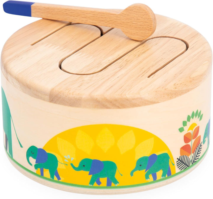 Janod - Tobă Gioia - Tobă din lemn FSC + tobă - Joc de rol și educație muzicală timpurie - Acuarelă - De la 18 luni, J07650 Jucarii Bebe Naty Shop