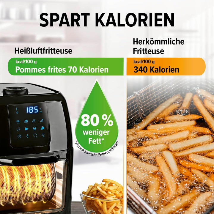 Gourmetmaxx Digitale Heißluftfritteuse XXL - 9L Ofen | Airfryer Mit Timerfunktion, Touchdisplay, Drehspieß, Schaschlikspießen | Fettarm, Energiesparend Frittieren | 8 Programme, 1800 W