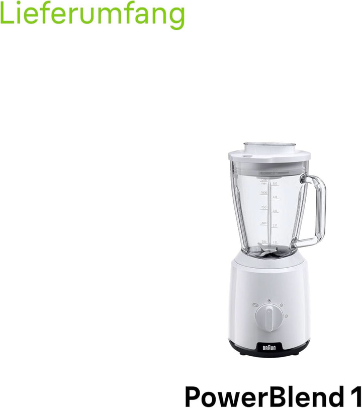 Braun Powerblend 1 JB1050WH - Standmixer Mit 1,5 L Glas-Mixaufsatz, Küchenhelfer Zum Zerkleinern, Pürieren & Mixen, Ice-Crush-Funktion, 2 Geschwindigkeiten, 600 Watt, Weiß