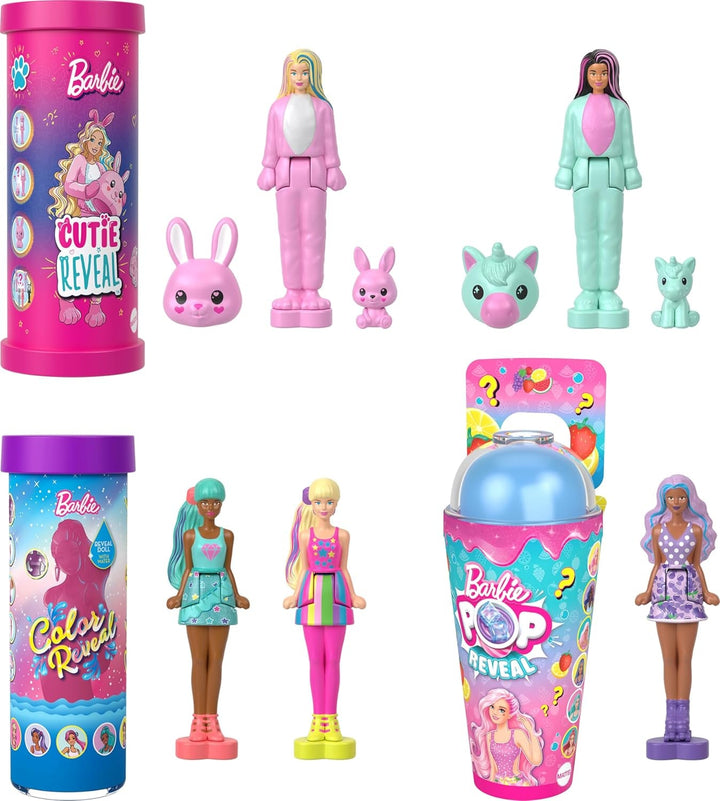 Barbie Mini Barbieland Set de 5 păpuși Fashionistas, Aprox. 3.8cm înălțime Mini păpuși în mâneci de ruj, set de colecție cu surprize (stilurile pot varia), JBD26