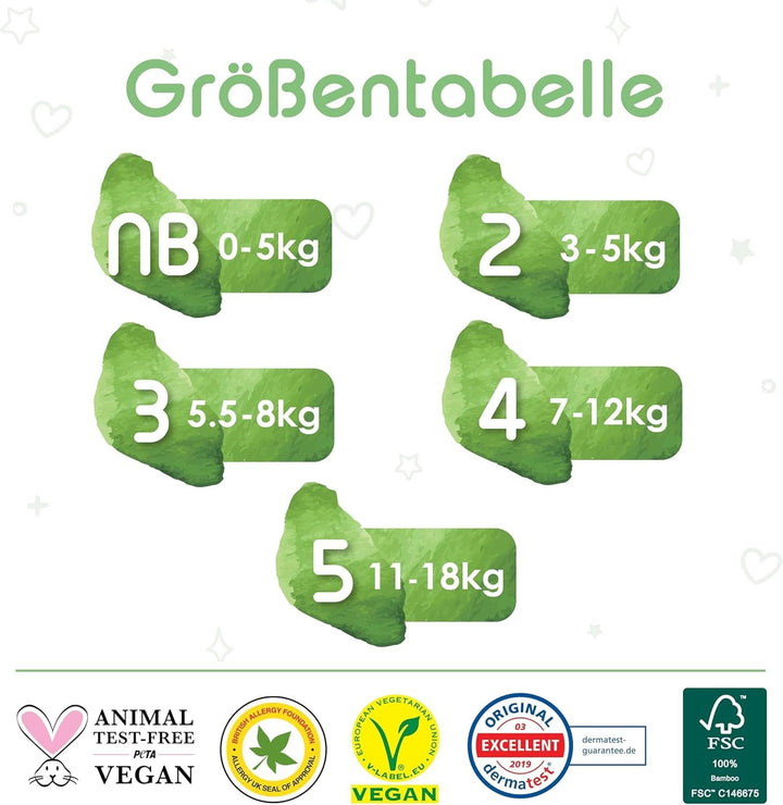 Pureborn Eco Bio-Bambus Windeln, Größe Für Neugeborene (Bis 5 Kg), 272 Stück (2 X 136), Umweltfreundlich, Hypoallergen, Ultraweich, Mit Nässeindikator, Diverser Aufdruck