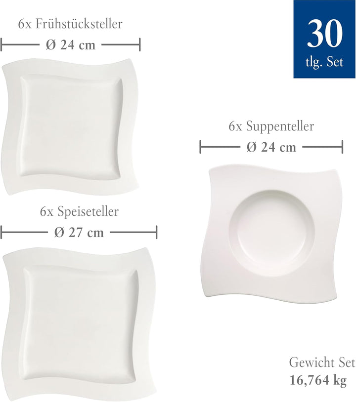 Villeroy & Boch – Newwave Basic Tafelservice 30 Teilig, Geschirr Set Für 6 Personen, Spülmaschinenfest, Geschirrset, Service, Teller, Tassen, Weiß, Keramik, Premium Porzellan