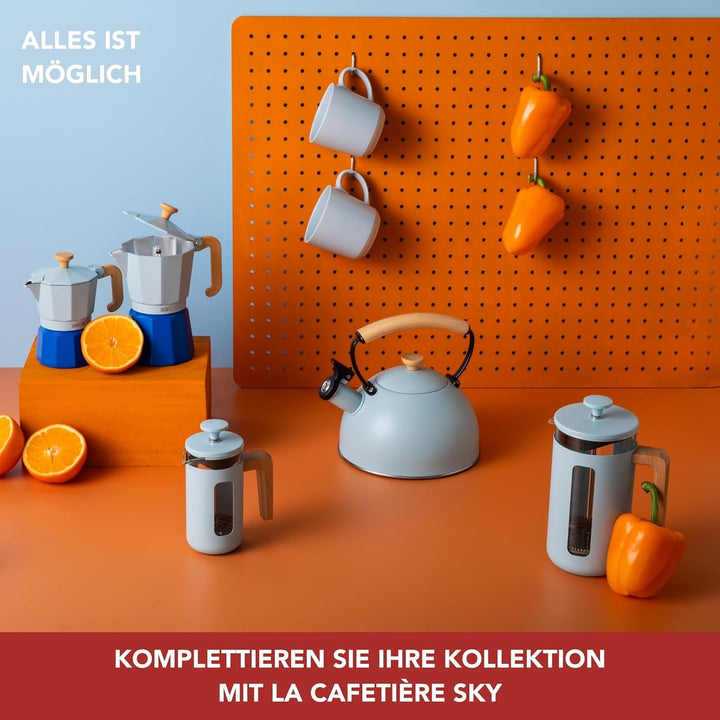 Cafetieră La Cafetière Pisa pentru 8 căni, albastru deschis, piston durabil din oțel inoxidabil, presă franceză rezistentă la căldură cu mâner elegant din lemn natural, versatilă pentru cafea și ceai, 1 l