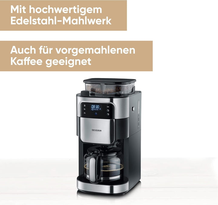 Espressor SEVERIN cu râșniță, espressor cu carafă de sticlă și funcție de cronometru, disponibil și ca espressor la filtru, pentru până la 10 cești de cafea, 1000 wați, negru/oțel inoxidabil, KA 4813