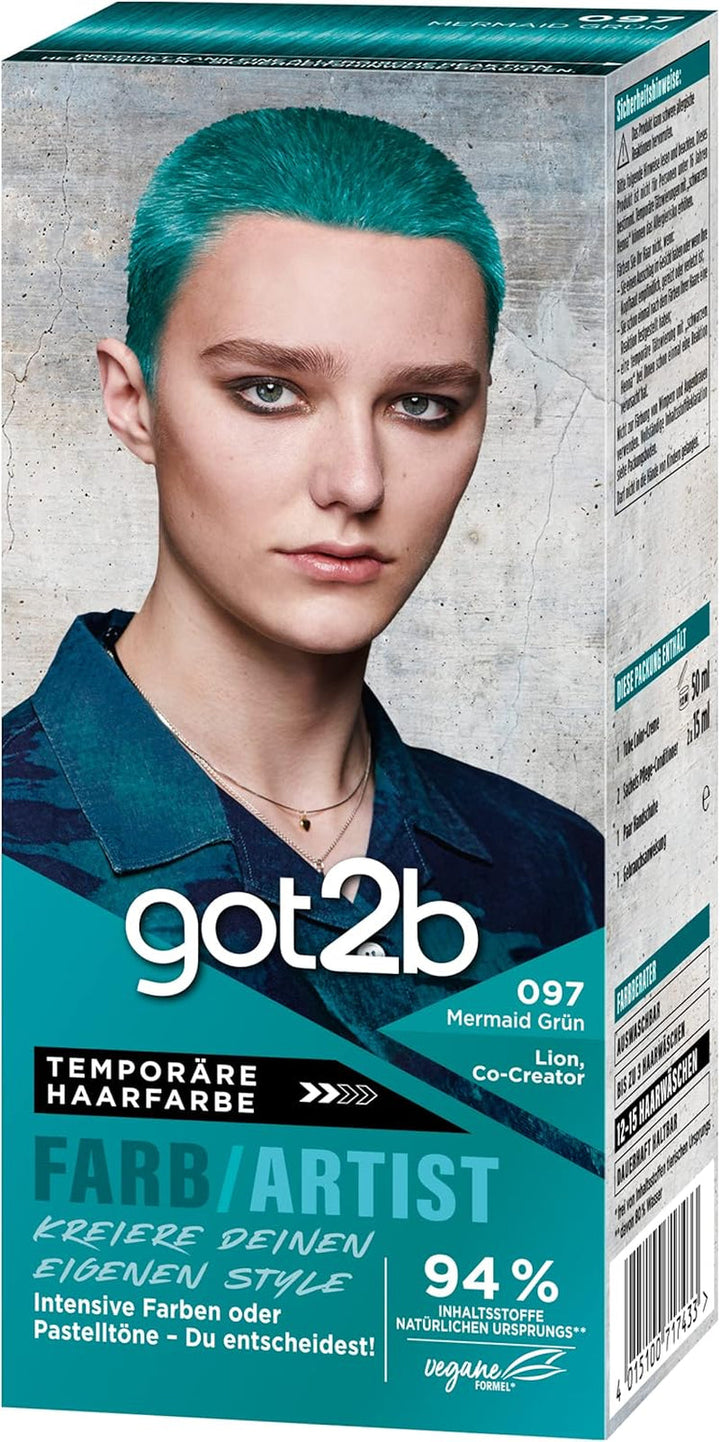 got2b Colour/Artist 097 Mermaid Green Level 2 (3x 80 ml), vopseaua de păr temporară face părul să strălucească în culori intense sau nuanțe pastelate, vopseaua de păr durează 12-15 spălări, formulă vegană Vopsea pentru par Naty Shop