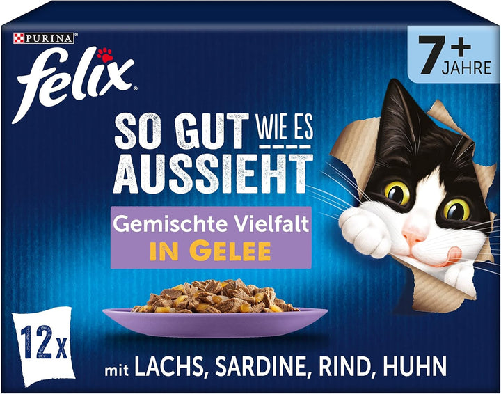 FELIX so Good How It Looks Hrană pentru pisici bătrâne umedă în jeleu, cu pui, pachet de 26 (26 X 85G)