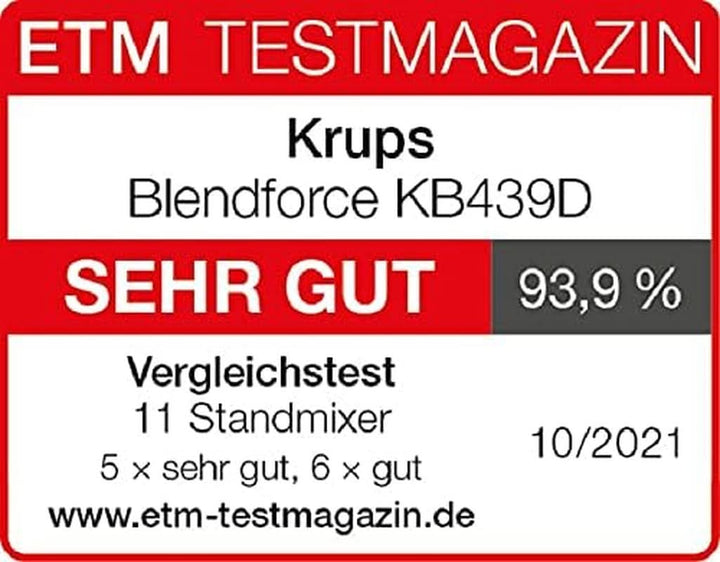 Krups KB439D Blendforce 2 Standmixer | 800 Watt | 5 Geschwindigkeiten | Pulsfunktion | 1,75 Liter Thermoglasbehälter (Nutzvolumen: 1,25 Liter) | Stoßfest | Eiszerkleinerer | Edelstahl