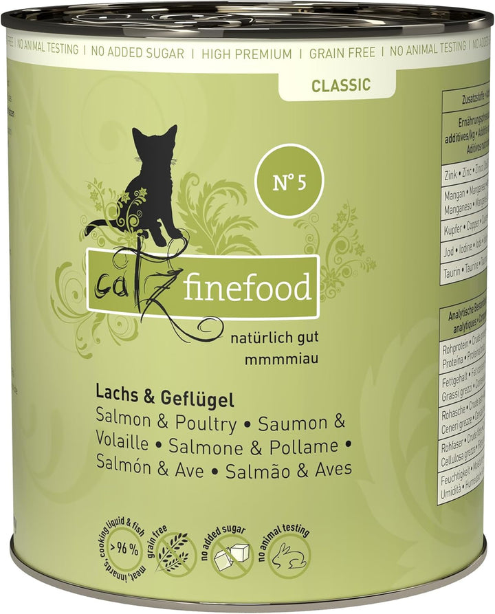 Hrană umedă pentru pisici Catz Finefood Classic N° 5 Salmon & Păsări - Hrană umedă gourmet pentru pisica dvs. fără zahăr și cereale, fără gluten - cu conținut ridicat de carne, fabricată în Germania (6 pungi de 300G)