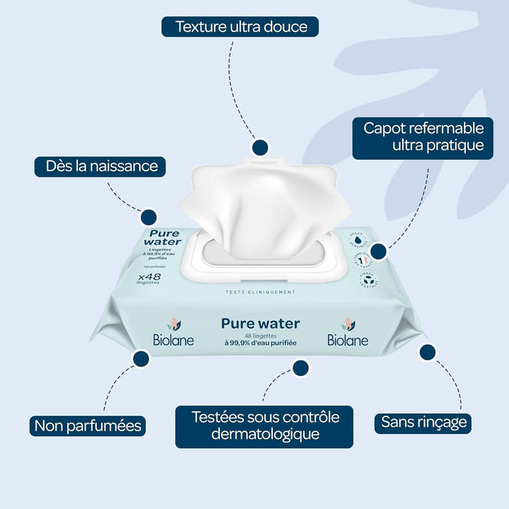 BIOLANE Baby-Reinigungstücher Pure Water – 6 X 48 Stück (288 Tücher) – Mit Gereinigtem Wasser – Reinigt Und Schützt – Körper Und Sitz – Für Empfindliche Haut – Ab Der Geburt – Hergestellt In