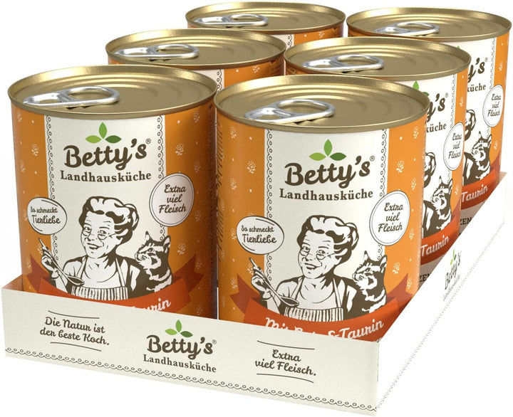 Betty'S Landhausküche cutie de hrană umedă pentru pisici, Fără cereale, Cea mai bună calitate, Carne de înaltă calitate, Gently cooked, Potrivit pentru toate rasele de pisici, Pui și fazan cu ulei de borangic 6 X 200 G