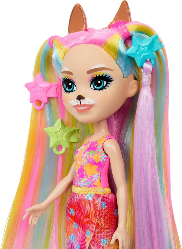 Păpuși Enchantimals, păpușă cu păr Sunshine Beach Deluxe și prieten animal, păpușă mică cu fustă detașabilă și accesorii, cadouri pentru copii, HTJ70