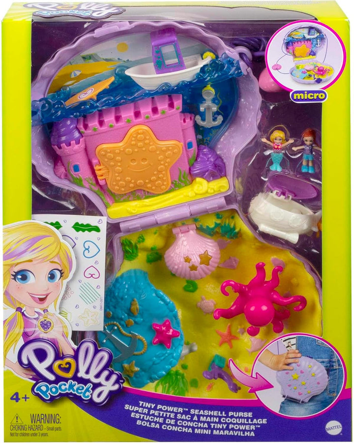 Sicriu Polly Pocket, sac de cochilie pentru înfășurat în jurul temei subacvatice, cu 2 păpuși și 1 submarin, jucărie sirenă Polly Pocket, jucărie de la 4 ani, GNH11
