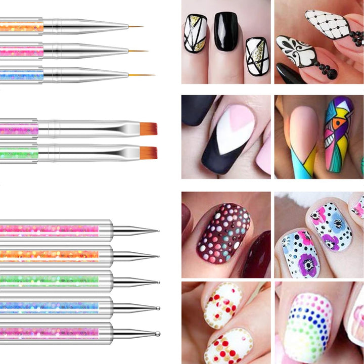 6 Stück Nagel Pinsel Set, Doppel-Ende Nageldesign Pinsel, Acryl Nail Art Pinsel Set Nail Art Liner Pinsel Dotting Tool Für DIY Nail Art Design (Mit 1 Schwammbürste)