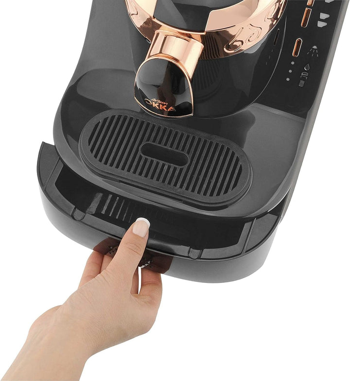 Espressor turcesc Arzum Okka, complet automat, 3 dimensiuni de cești, funcție de autocurățare, rezervor de apă de 950 ml, senzor de supraprotecție, design compact, negru-auriu