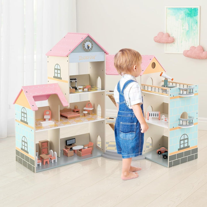 Casă de păpuși din lemn FANTASK, casă de păpuși 94 cm înălțime cu 41 de piese de mobilier și accesorii, vilă de păpuși cu 6 camere, terasă și garaj, cadou pentru fete de la 3 ani Casute de papusi Naty Shop