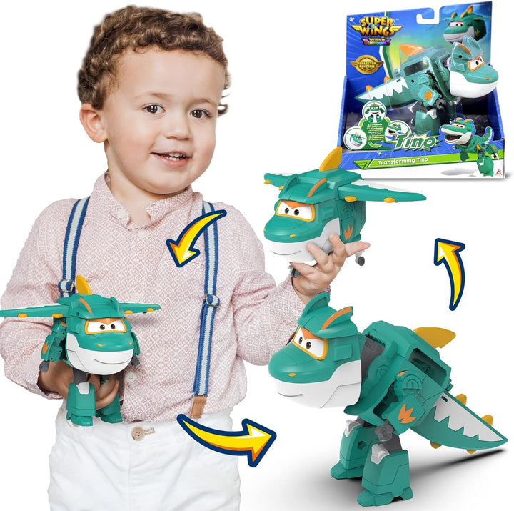 Super Wings 5" Transforming Characters 2-Pack Transforming Supercharged Jett + Tino, jucărie Transformer pentru băieți și fete de peste 3 ani, roșu