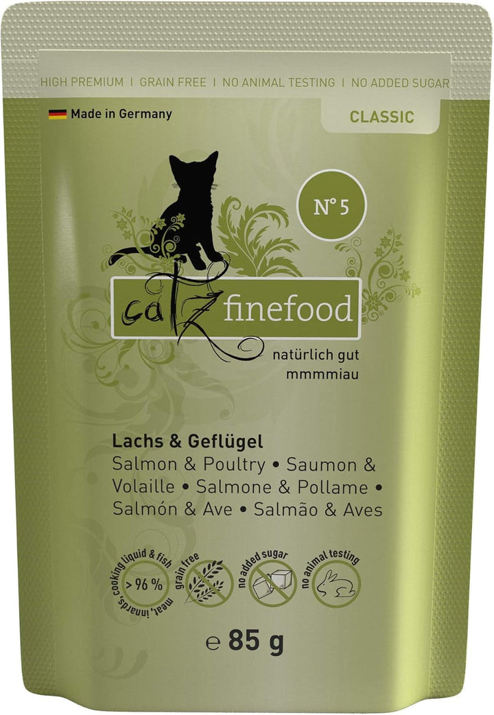 Hrană umedă pentru pisici Catz Finefood Classic N° 5 Salmon & Păsări - Hrană umedă gourmet pentru pisica dvs. fără zahăr și cereale, fără gluten - cu conținut ridicat de carne, fabricată în Germania (6 pungi de 300G)