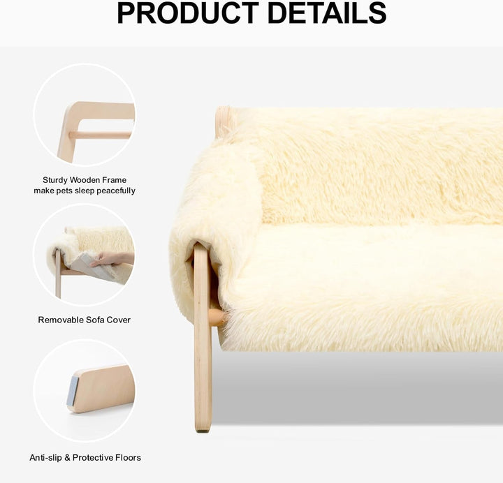 MEWOOFUN Canapea pat pentru pisici, din lemn, 56 x 45 cm, canapea robustă pentru pisici de dimensiuni mari - Scaun modern pentru pisici cu husă detașabilă, capacitate de încărcare 10 kg (alb, 56 x 45 cm)