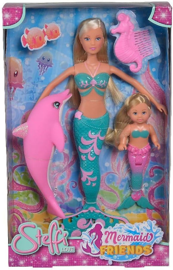 Simba 105733336 - Steffi LOVE Mermaid Friends, păpușă ca o sirenă magică cu sora Evi, figurină cu delfin și multe altele, jucărie pentru copii de la 3 ani în sus