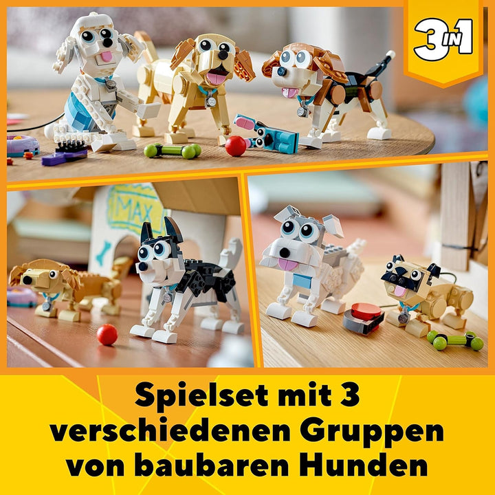 LEGO 31137 Creator 3In1 Set de câini drăguți cu figuri de animale Teckel, Pug, Poodle și multe altele, jucărie pentru copii 7+, cadou pentru iubitorii de câini