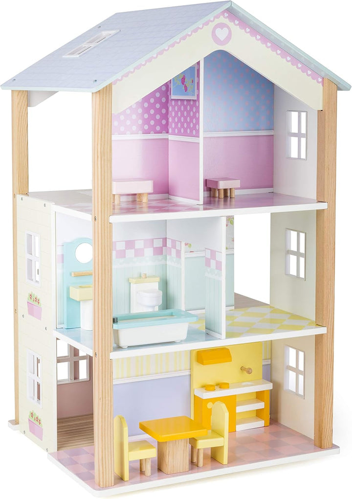 Small Foot 11192 Palat de păpuși din lemn rotativ, cu 3 etaje, inclusiv mobilier de jucărie, multicolor, 37 X 40 X 67 Cm