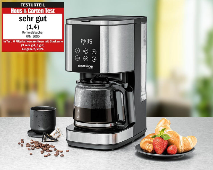 Espressor cu filtru Rommelsbacher FKM 1000 - rezervor de apă de 1,5 litri pentru 12 cești de cafea, carafă de sticlă, preselectare oră de pornire, funcție de încălzire, funcție de aromă, suport detașabil pentru filtru 1X4