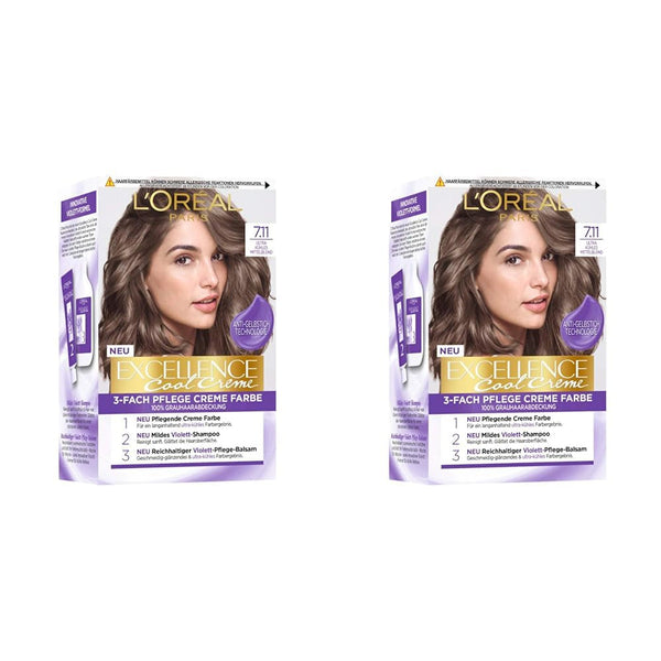 L'Oréal Paris Vopsea de păr permanentă cu rezultat de culoare ultra rece, acoperire 100% a părului gri, set cu colorare, șampon și cremă de îngrijire, Excellence Cool Creme, Nr. 7.11 Ultra rece blond mediu (Blond) Vopsea pentru par Naty Shop Titlu implicit