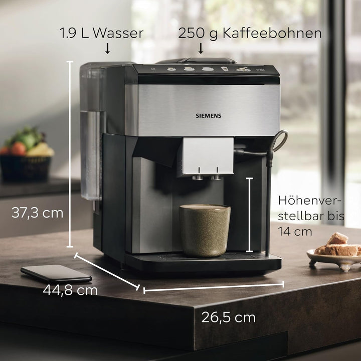 Espressor complet automat Siemens EQ500 TP516DX3, multe specialități de cafea, spumator de lapte, recipient integrat pentru lapte, funcție dublă de ceașcă, curățare automată cu abur, oțel inoxidabil negru