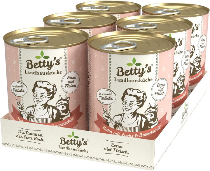 Betty'S Landhausküche cutie de hrană umedă pentru pisici, Fără cereale, Cea mai bună calitate, Carne de înaltă calitate, Gently cooked, Potrivit pentru toate rasele de pisici, Pui și fazan cu ulei de borangic 6 X 200 G