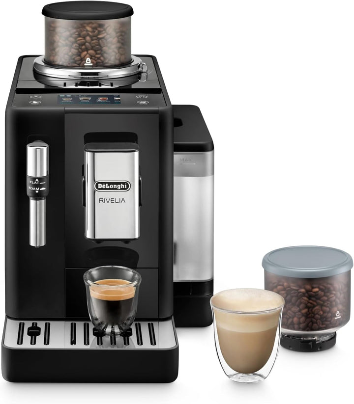 De'Longhi Rivelia EXAM440.55.W Aparat de cafea complet automat Cu sistem de lapte Lattecrema, container de boabe interschimbabil, 16 băuturi de cafea și lapte la apăsarea unui buton, funcție extra shot, ecran tactil de 3,5", alb