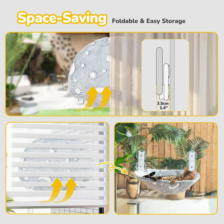 CATISM Hamac pliabil pentru pisici cu stele și lună strălucitoare până la 20 kg, Șezlong pentru fereastră cu ventuze puternice, Material lavabil, Pat luminos pentru pisici (50 x 36,5 cm)