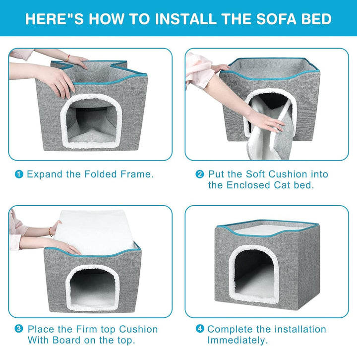 BRIAN & DANY Peșteră pliabilă pentru pisici, căsuță mare pentru pisici, peșteră pentru pisici de interior cu zgârietură și minge de joacă, 40 x 40 x 32 cm, gri