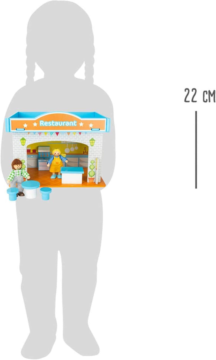 Small Foot 10852 Playhouse Restaurant Fabricat din lemn, Cu 2 figurine pentru păpuși, accesorii și acoperiș detașabil, De la 3 ani