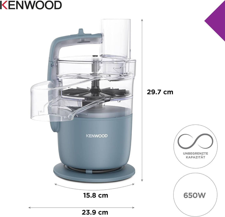 Kenwood Multipro Go FDP22.130GY, Kompakt-Küchenmaschine Nur 30Cm Hoch, Zum Schneiden, Reiben, Pürieren Und Teig Kneten, Express-Serve, 1,3 L Arbeitsbehälter, 650 W, Blau