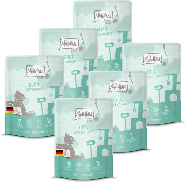 Mjamjam - Hrană umedă premium pentru pisici - Kitten Juicy Chicken cu ulei de somon, pachet de 6 (6 X 200 G), fără cereale, cu extra carne