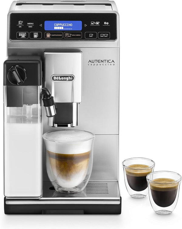 De'Longhi Autentica Cappuccino ETAM 29.660.SB Espressor complet automat cu sistem Latte Crema Milk, Cappuccino și Espresso prin simpla apăsare a unui buton, afișaj digital cu text simplu, funcție 2 căni, argintiu