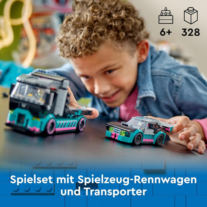 LEGO City Car Transporter cu mașină de curse, camion jucărie cu rampă de încărcare reglabilă și mașină de curse, set de construcție cu 2 minifigurine, șofer de curse și șofer de camion, copii de peste 6 ani 60406
