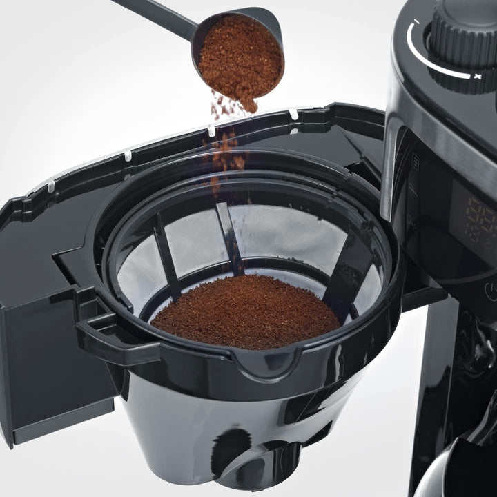 Espressor SEVERIN cu râșniță, espressor cu carafă de sticlă și funcție de cronometru, disponibil și ca espressor la filtru, pentru până la 10 cești de cafea, 1000 wați, negru/oțel inoxidabil, KA 4813