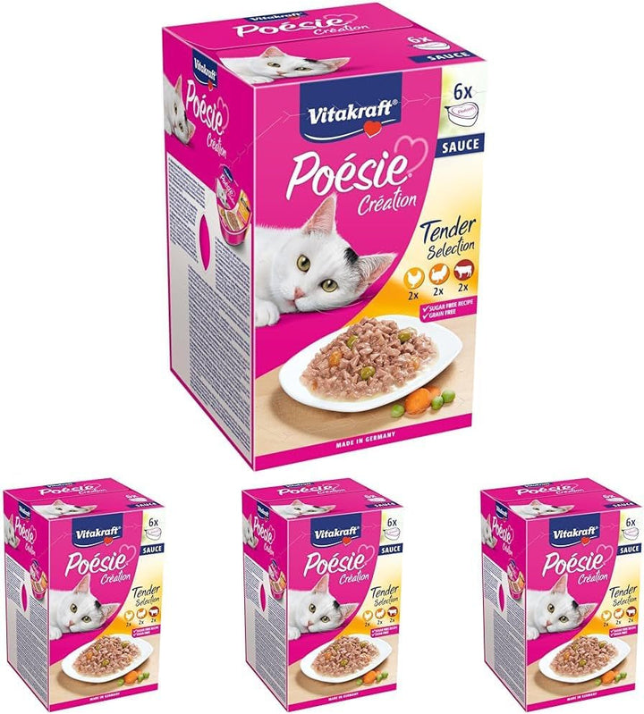 Vitakraft Poésie Création, Tender Selection, hrană umedă pentru pisici, hrană umedă pentru pisici în sos, cu pui, cu curcan, cu vită, fără adaos de zahăr și cereale (1 pachet de 6X 85G)