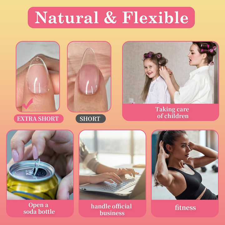 Tipuri de unghii pentru unghii cu gel, set 120 bucăți unghii artificiale scurte, culoare migdale, 11 dimensiuni unghii cu gel, tipuri de unghii cu lipici, bloc de buffer pentru unghii