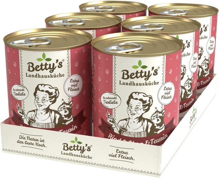 Betty'S Landhausküche cutie de hrană umedă pentru pisici, Fără cereale, Cea mai bună calitate, Carne de înaltă calitate, Gently cooked, Potrivit pentru toate rasele de pisici, Pui și fazan cu ulei de borangic 6 X 200 G