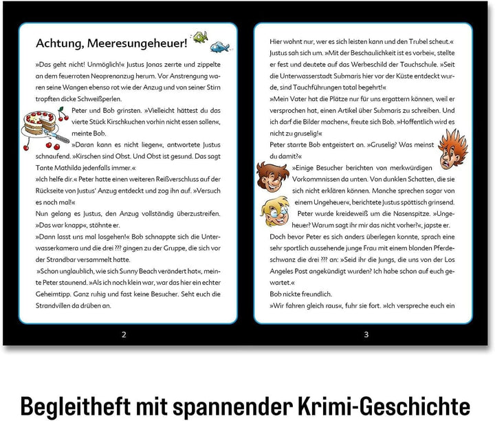 Die Drei ??? Kids - Crime puzzle - Atenție, monstru marin De la KOSMOS 680664, 150 piese, Strălucește în întuneric, Lectură, puzzle-uri, rezolvarea puzzle-urilor, puzzle detectiv pentru copii cu vârsta de peste 7 ani