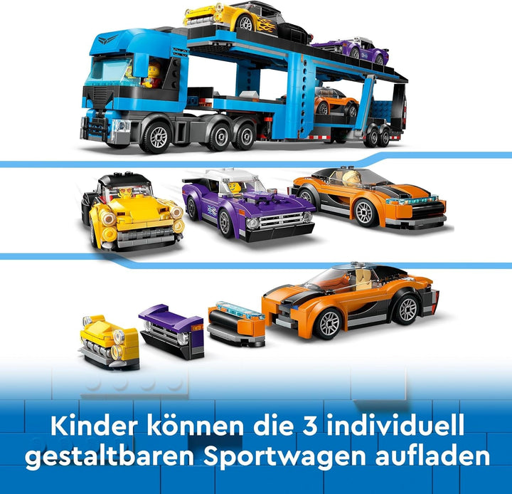 LEGO City Car Transporter cu mașină sport, set de 4 mașini de jucărie pentru băieți și fete de la 7 ani, cadou de Crăciun sau aniversare, 4 minifigurine pentru jocuri de rol 60408