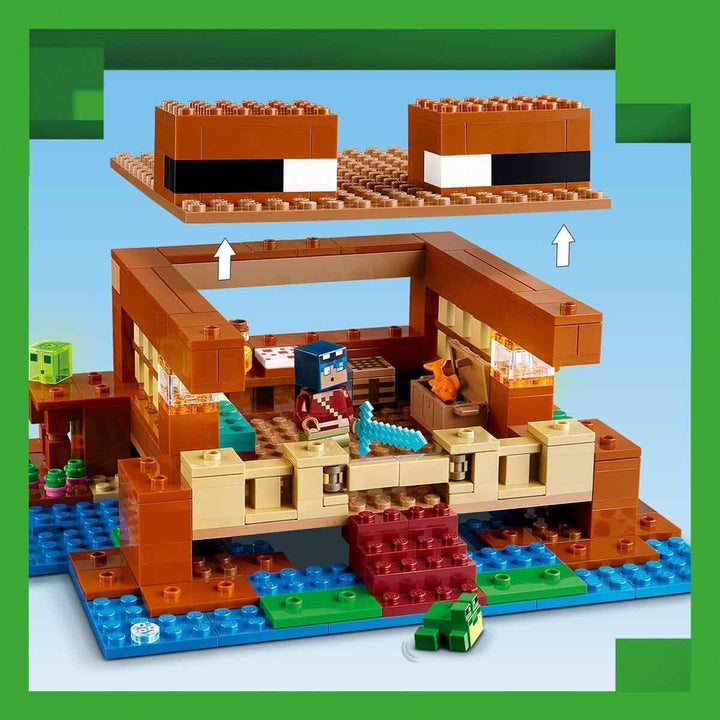 LEGO Minecraft The Frog House, casă de jucărie cu figuri, inclusiv zombie, slime și om înecat, plus accesorii precum barcă de jucărie și banc de lucru, cadou pentru băieți și fete de la 8 ani 21256