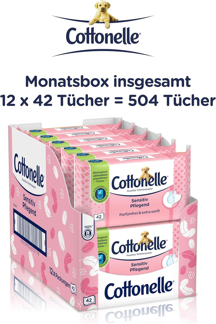 Șervețele umede, Sensitive Care - fără parfum, biodegradabilă, fără plastic, resigilabilă, pachet avantajos, 12 X 42 șervețele umede