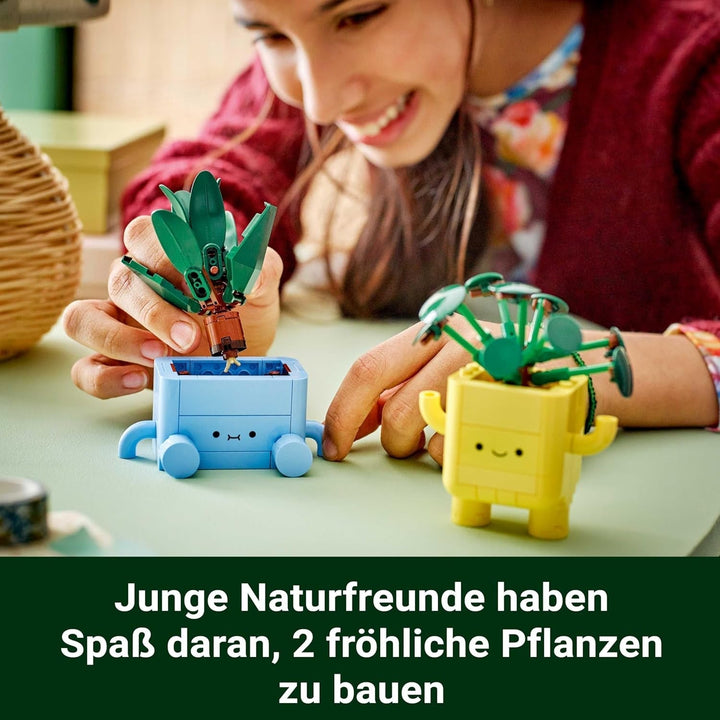 LEGO Botanicals Happy Plants - Set de bricolaj pentru copii cu 2 flori artificiale și 2 ghivece de flori colorate cu fețe de desene animate - Idee de cadou pentru fete de la 9 ani - 10349